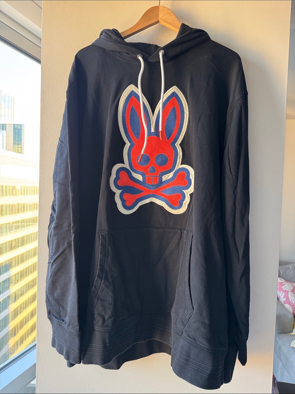 Psycho Bunny Black Hoodie with Red and Blue Bunny Skull Logo